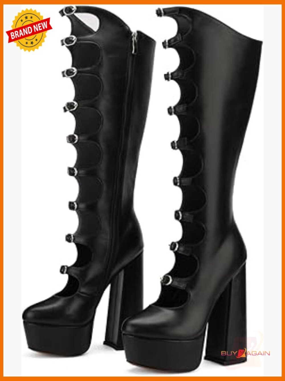 Knee High Platform Combat Boots with Chunky Heel and Buckle Details